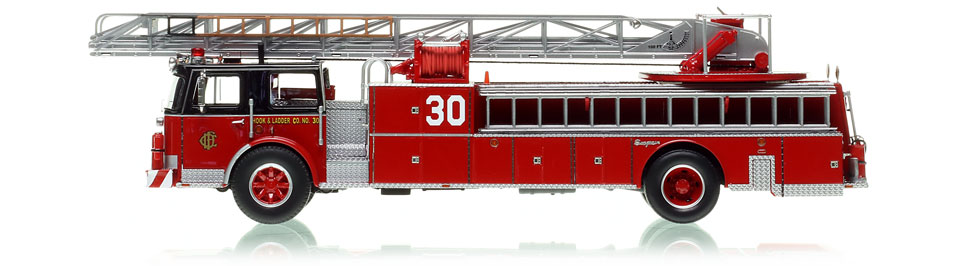 1:50 scale model of Chicago Fire Department 1970 Seagrave 100' Ladder - H&L Co. 30 - Woodlawn