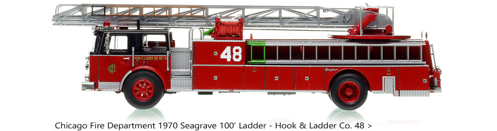 1:50 scale model of Chicago Fire Department 1970 Seagrave 100' Ladder - H&L Co. 48 - Lawndale