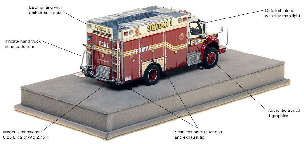 Features and specs of FDNY's Freightliner M2 Squad 1 Second Piece scale model