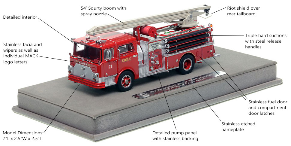 Specs and features of the FDNY Mack CF Squrt Engine 71 scale model