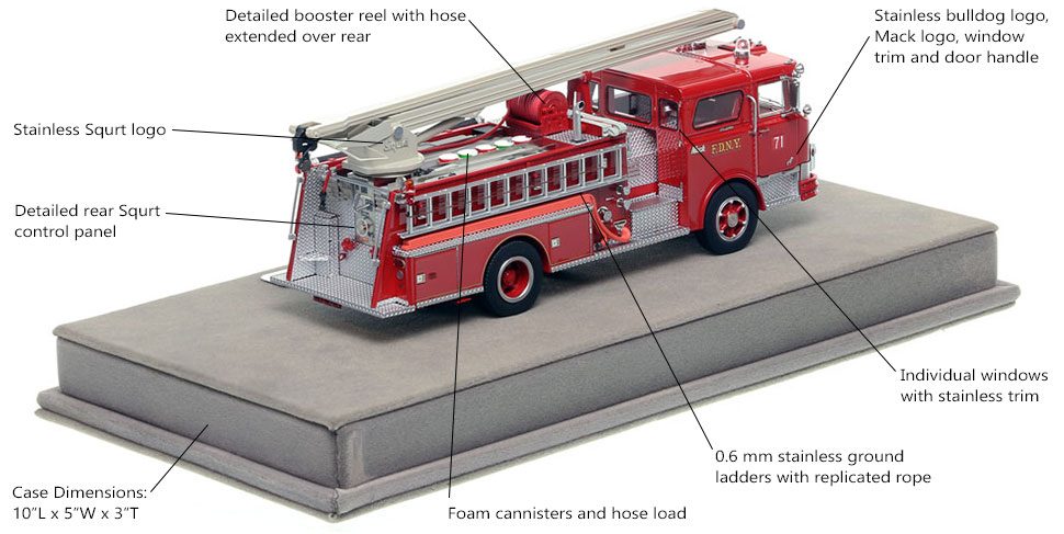 Features and specs of the FDNY Mack CF Squrt Engine 71 scale model