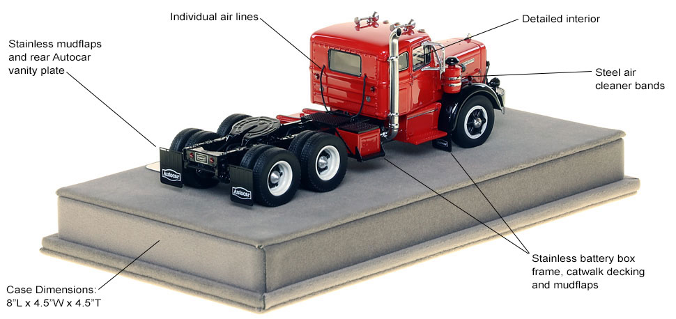 Features and specs of the Autocar DC-100T Tandem Axle Integral Sleeper scale model