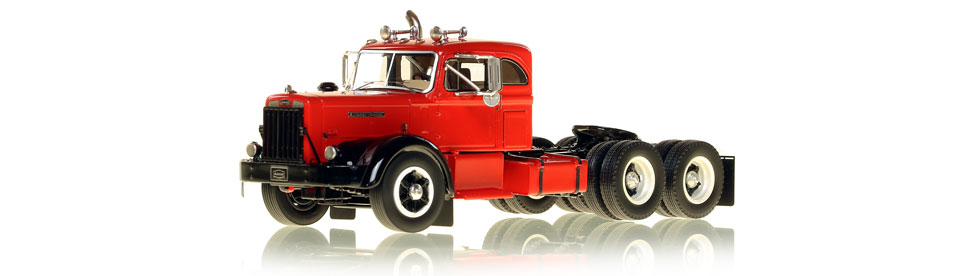 1:50 scale museum grade scale model of the Autocar DC-100T Tandem Axle Integral Sleeper semi truck