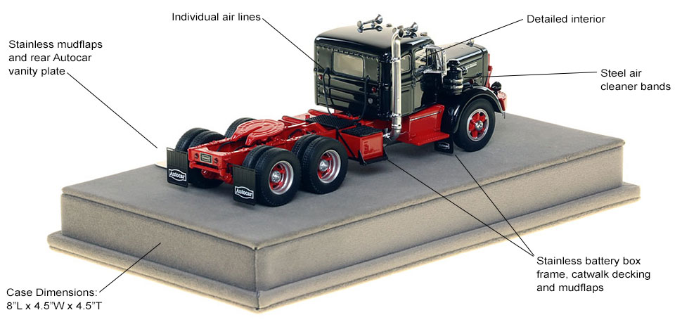 Features and specs of the Autocar DC-100T Tandem Axle Integral Sleeper scale model