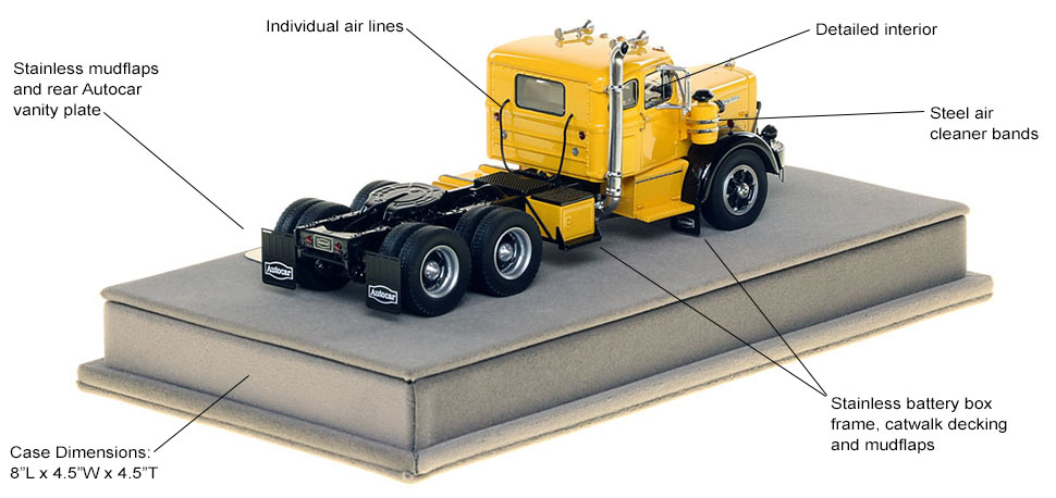 Features and specs of the Autocar DC-100T Tandem Axle Integral Sleeper scale model