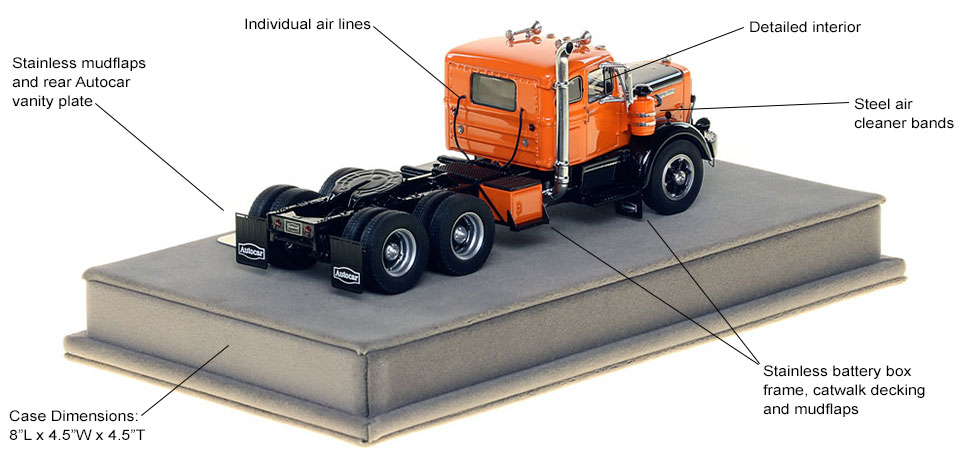 Features and specs of the Autocar DC-100T Tandem Axle Integral Sleeper scale model