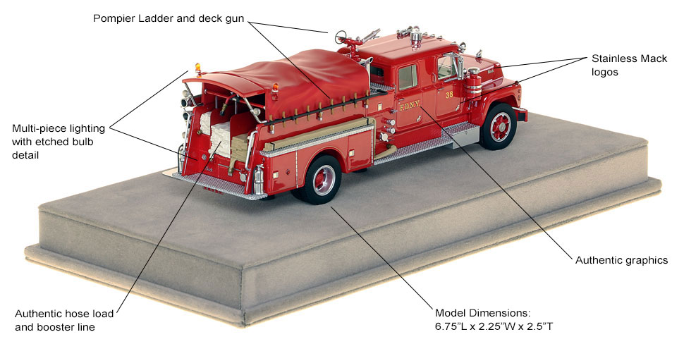 Features and specs of FDNY's 1969 Mack R Engine 38 scale model