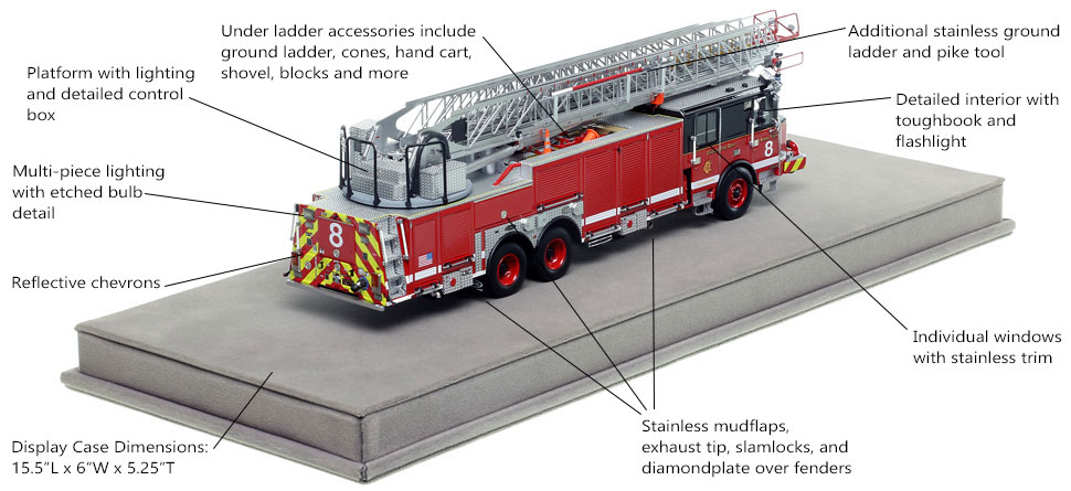 Specs and features of Chicago's 2019 E-One 137' Aerial Tower 8 scale model