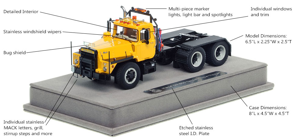 Features and specs of the Mack DM 800 tandem axle tractor scale model in yellow over black