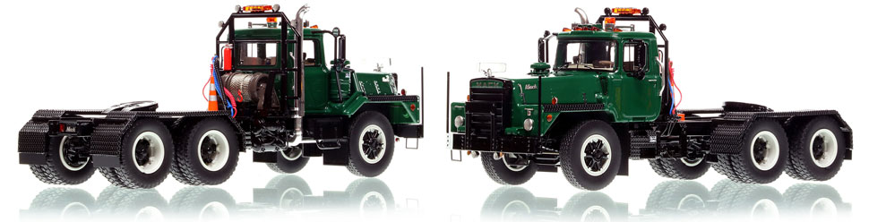 Mack DM 800 tandem axle tractor scale model in green over black is hand-crafted and intricately detailed.