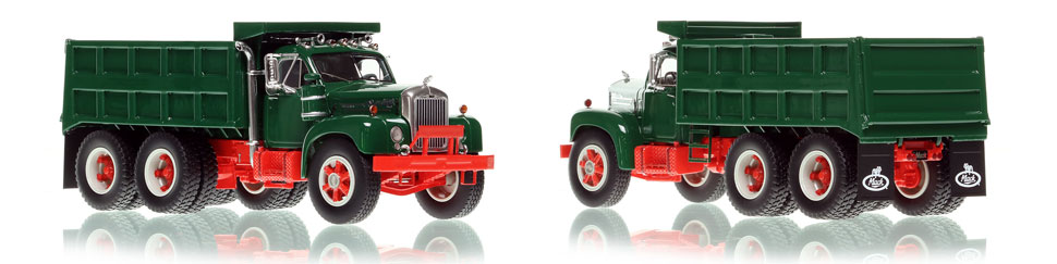 The first museum grade scale model of the Mack B61 tandem axle Dump Truck in green over red.