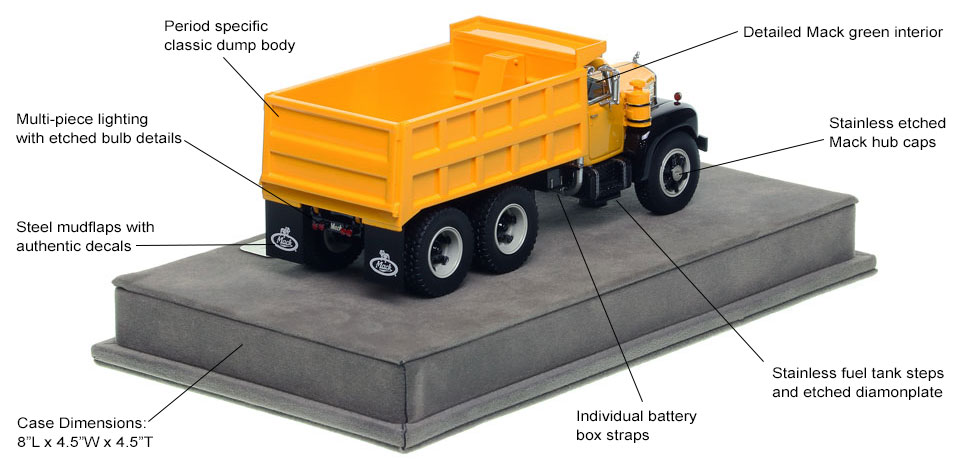 Specs and features of Mack B61 dump truck scale model in yellow over black