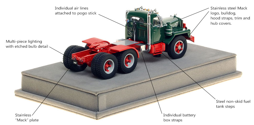 Specs and Features of the Mack B-81 tandem axle tractor in green over red