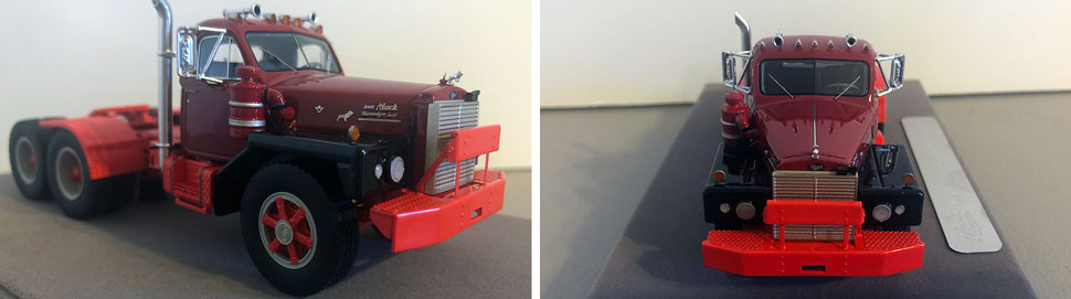 Closeup pictures 7-8 of the Mack B-81 scale model in burgundy over red