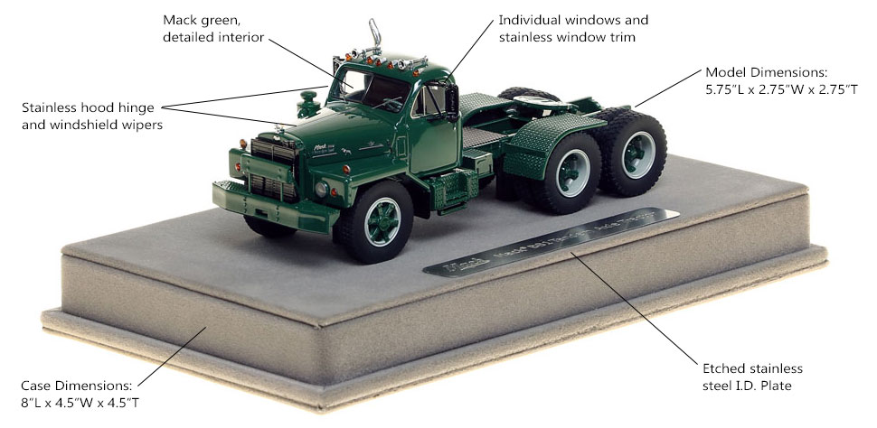 Mack B-81 tandem axle tractor scale model is hand-crafted and intricately detailed.