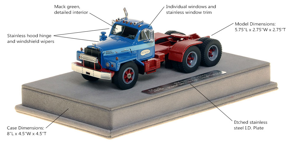 Features and Specs of the Mack B-81 tandem axle tractor in Sid Kamp Trucking Livery