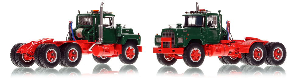 Mack R tandem axle tractor scale model in green over red is hand-crafted and intricately detailed.