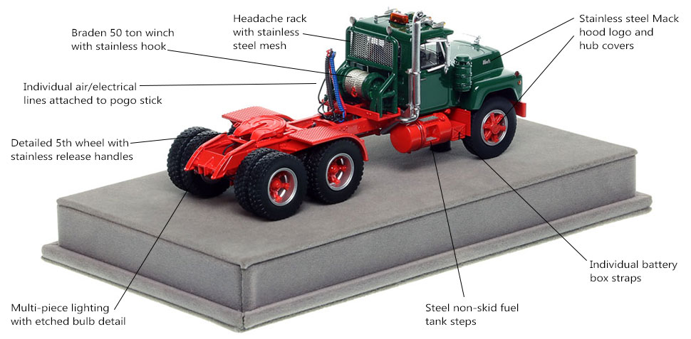 Specs and Features of the Mack R tandem axle tractor in green over red