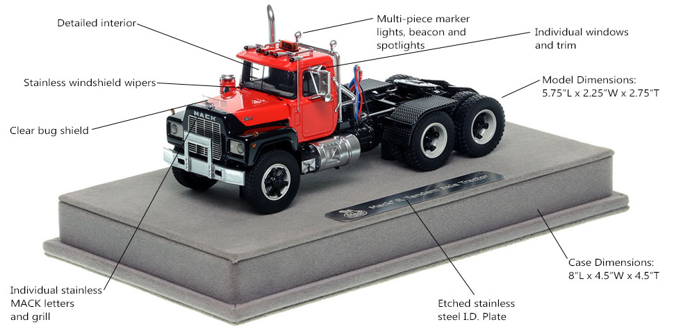 Features and Specs of the Mack R tandem axle tractor in red over black with black fenders