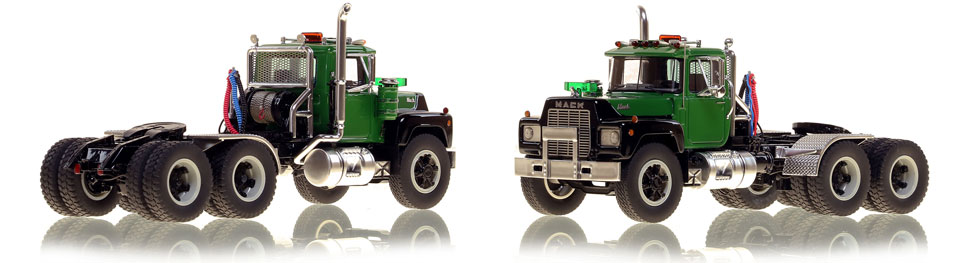 The first museum grade scale model of the Mack R tandem axle tractor in green over black