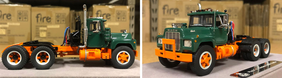 Closeup pictures 5-6 of the Mack R scale model in green over orange