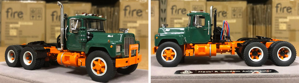 Closeup pictures 7-8 of the Mack R scale model in green over orange