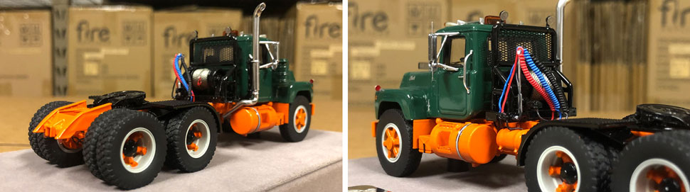 Closeup pictures 9-10 of the Mack R scale model in green over orange