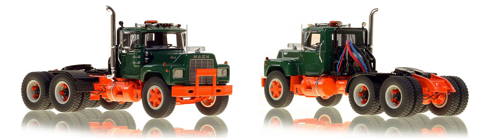 The first museum grade scale model of the Mack R tandem axle tractor in green over orange