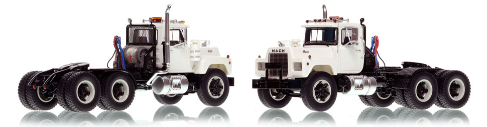 The first museum grade scale model of the Mack R tandem axle tractor in white over black