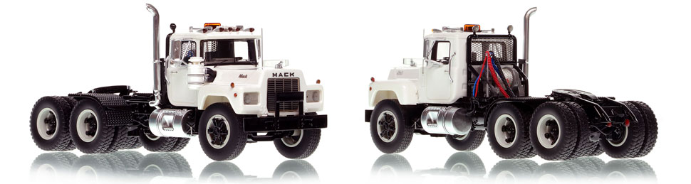 Mack R tandem axle tractor scale model in white over black is hand-crafted and intricately detailed.