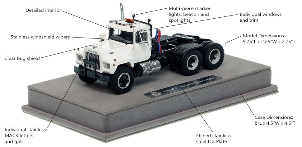 Features and Specs of the Mack R tandem axle tractor in white over black