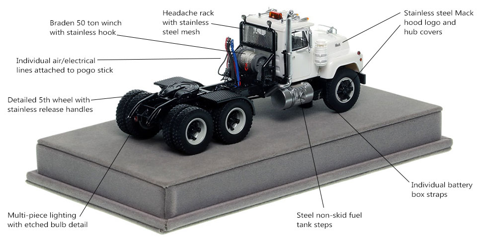 Specs and Features of the Mack R tandem axle tractor in white over black