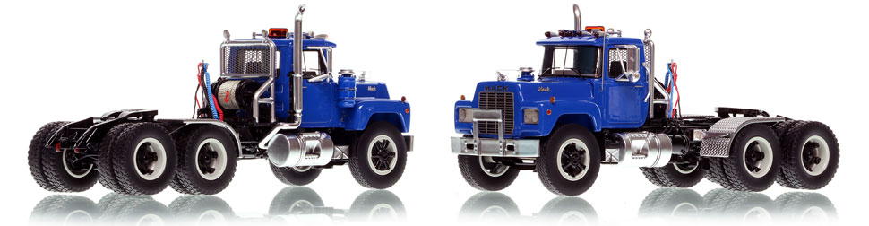 Mack R tandem axle tractor scale model in blue over black is hand-crafted and intricately detailed.