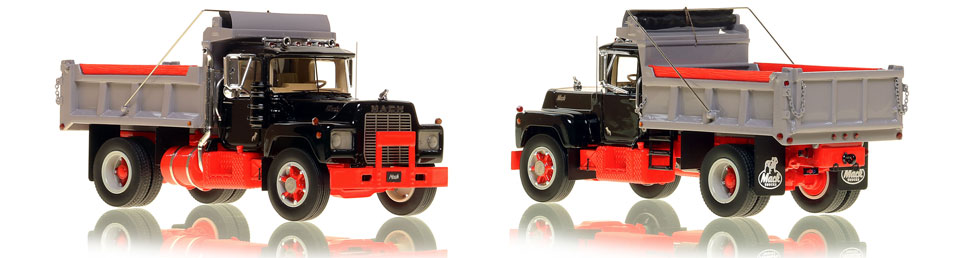 Mack R single axle dump truck scale model is hand-crafted and intricately detailed.