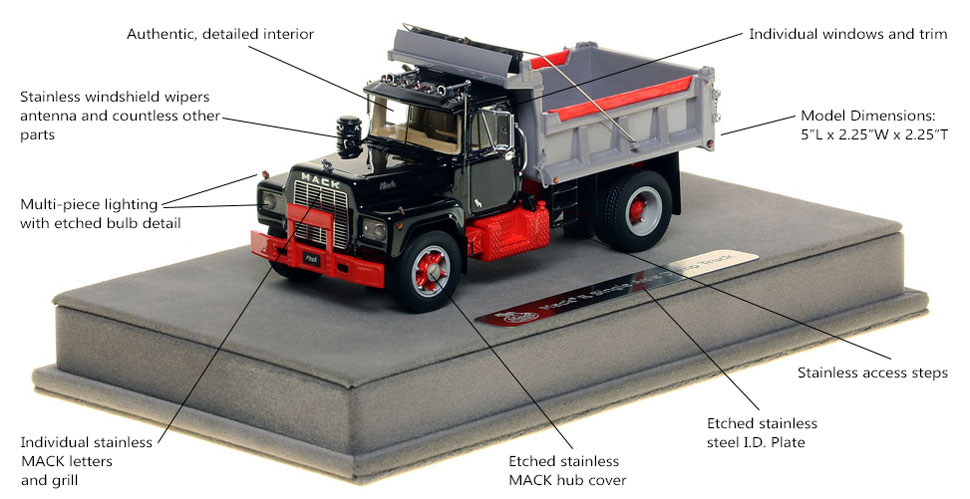 Features and Specs of the Mack R single axle dump truck scale model