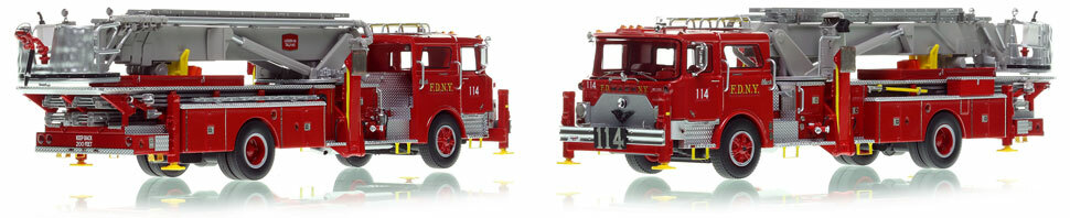 FDNY's Mack CF/Baker 75' Tower Ladder 114 scale model is hand-crafted and intricately detailed.