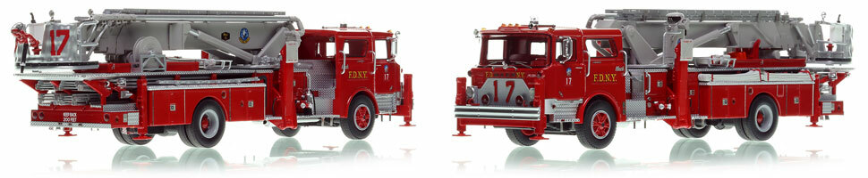 FDNY's Mack CF/Baker 75' Tower Ladder 17 scale model is hand-crafted and intricately detailed.