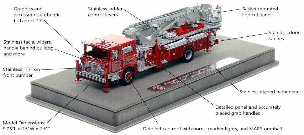 Features and Specs of FDNY's Mack CF/Baker Ladder 17 scale model