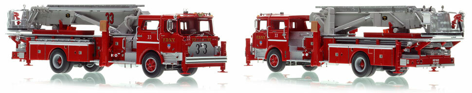 FDNY's Mack CF/Baker 75' Tower Ladder 33 scale model is hand-crafted and intricately detailed.