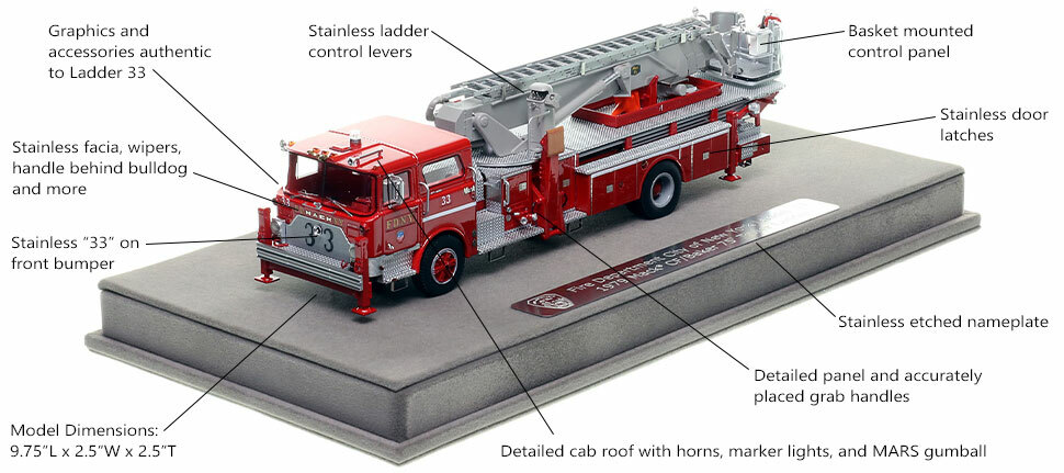 Features and Specs of FDNY's Mack CF/Baker Ladder 33 scale model