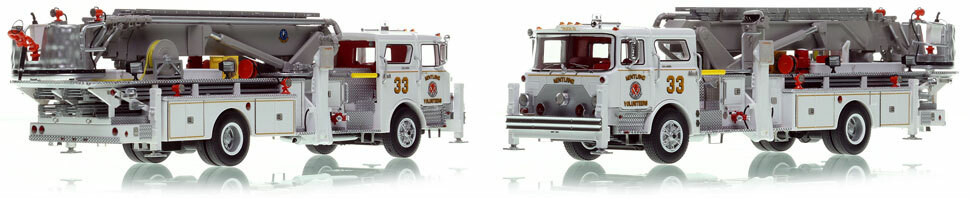 Kentland's Mack CF/Baker 75' Tower Ladder 33 scale model is hand-crafted and intricately detailed.