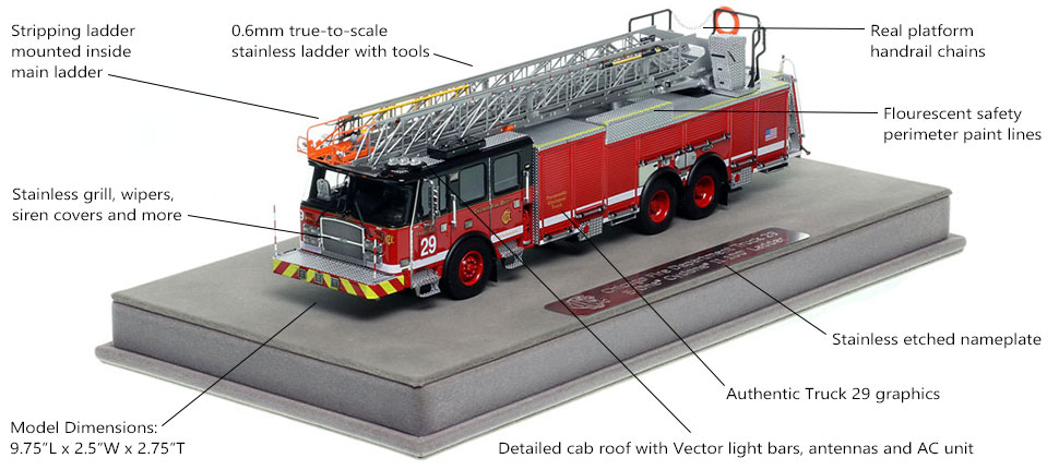 Features and Specs of Chicago's 2020 E-One 100' Truck 29 scale model