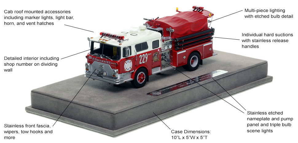 Features and Specs of FDNY's classic Mack CF Engine 229 scale model