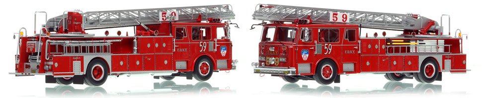 FDNY's 1984 Ladder 59 scale model is hand-crafted and intricately detailed. FDNY's 1984 Ladder 59 scale model is hand-crafted and intricately detailed.