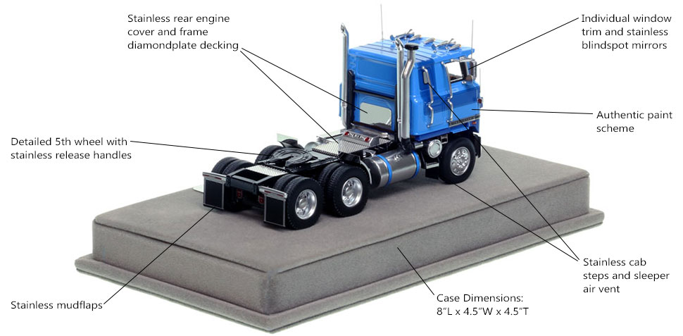 Specs and Features of the International 4070B Transtar II cabover tractor in blue over black