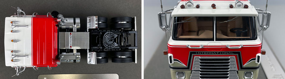 Closeup pictures 13-14 of the International 4070B Transtar II cabover tractor in white and red over black