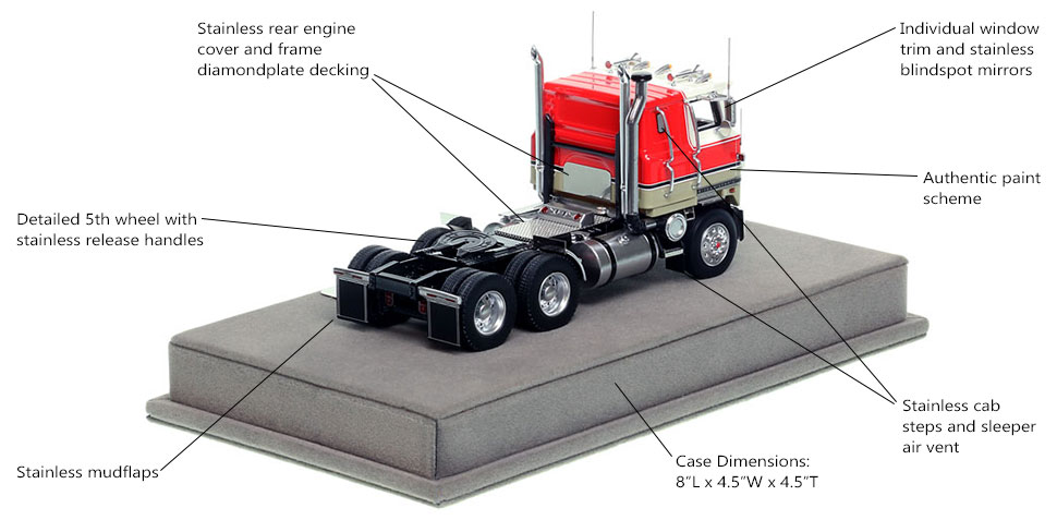 Specs and Features of the International 4070B Transtar II cabover tractor in white and red over black