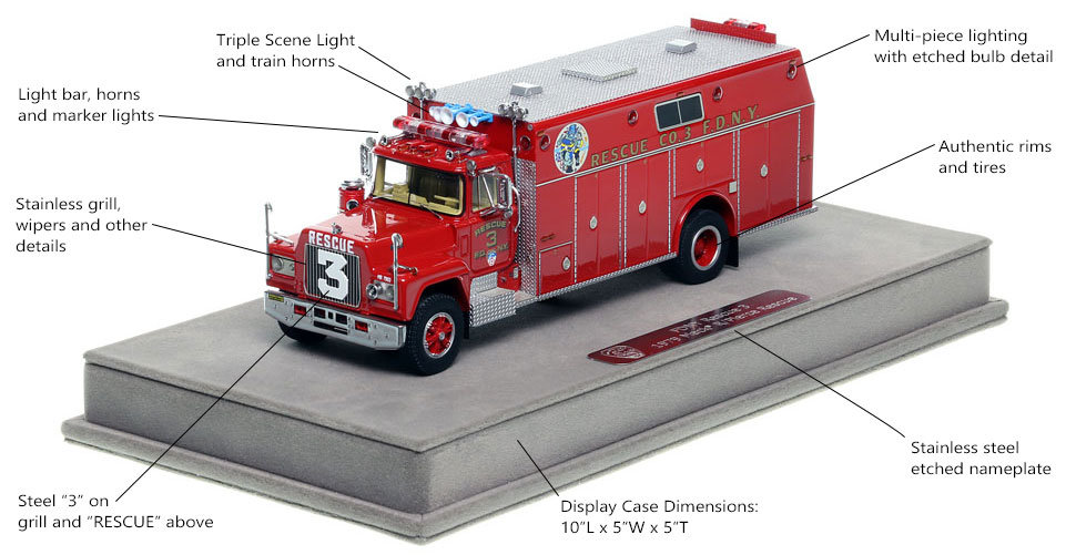 Features and Specs of FDNY's 1979 Mack R/Pierce Rescue 3 scale model