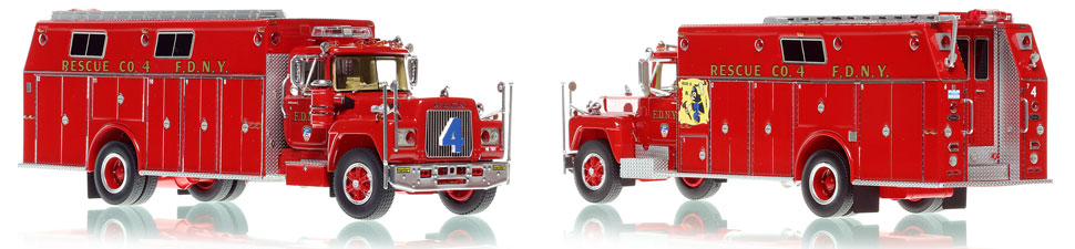 FDNY's 1979 Mack R/Pierce Rescue 4 scale model is hand-crafted and intricately detailed.