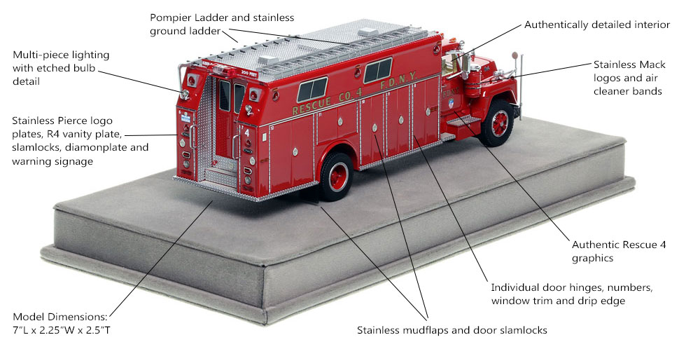 Specs and Features of FDNY's 1979 Mack R/Pierce Rescue 4 scale model